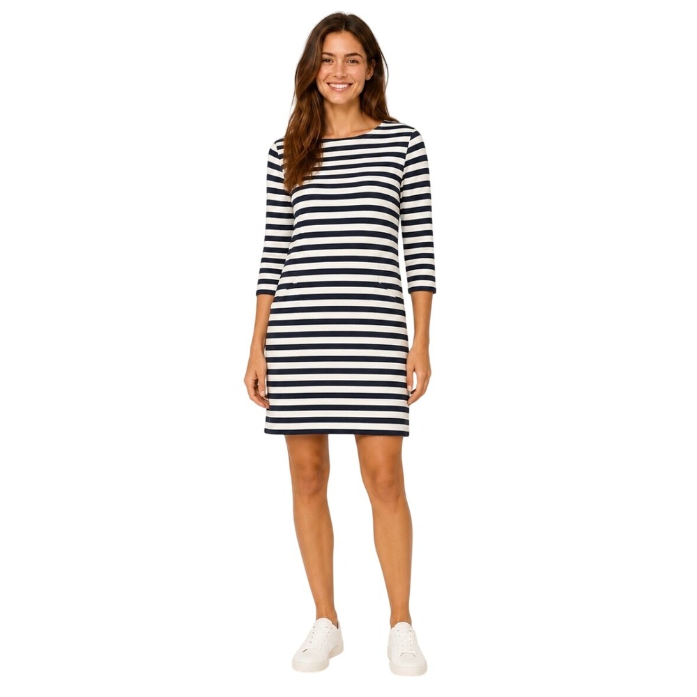 Boden Navy White Striped Ottoman Rib Knit Pockets Shift Dress US 6R J0503